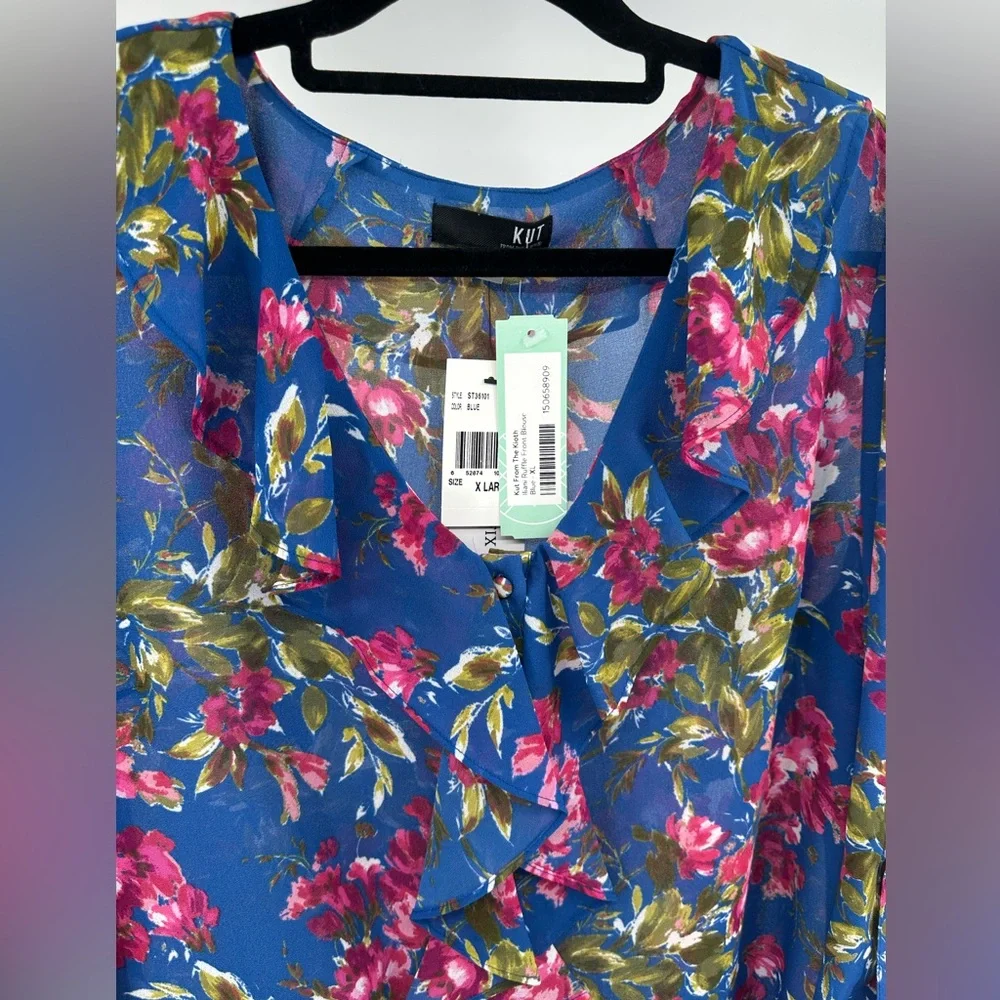 Kut From The Kloth Womens Size XL Blue Pink Floral Long Sleeve Ruffle Button Up - Picture 2 of 11